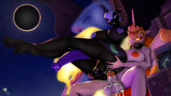 hooves-art:  Eclipse (vote)    This event happen rarely , take your glasses and praise your princesse of the night and the day for the fusion  4k version : Patreon / E621     dat’s some hot shit right there! &lt;3