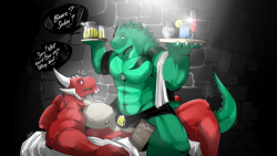 aliensymbol:  New finished drawing I did, commissioned by @Silent_Iron featuring his mighty OC dragon named Jason, meeting Paul the bartender gator (my OC) for the first time!