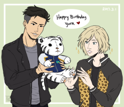 sh4dowdraws:  Happy Birthday Yuri! I’m just a tiny bit late with this but I finally got it done! My idea behind this was that Otabek wanted to get him something to hold onto while they are apart so he got Yuri a Kazakh Ice Tiger plush~ 