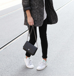 justthedesign:  Mija is wearing jeans from Dr. Denim, shoes are Stan Smith from Adidas, bag is from Chanel, white boyfriend shirt and coat from Nili Lotan