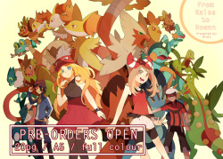 redricewater:  &gt; Order here! &lt; Hey!!! So I’m opening pre-orders for my mini Pokemon Fanbook [From Kalos to Hoenn].  The book contains: 20 pages full-coloured Content from Pokemon XY and Pokemon ORAS The theme is “Trainers” so expect to see