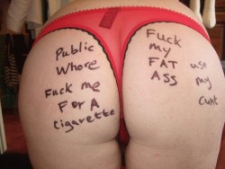 &ldquo;Public Whore. Fuck me for a Cigarette. Fuck my Fat Ass. Use my Cunt.&rdquo;