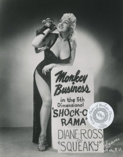 burlyqnell:  Diane Ross &amp; Squeaky: vintage 8x10 photo Diane started as a burlesque specialty dancer and emcee in New Orleans.  Originally she was billed as “Dainty” Diane Ross - the Flame of New Orleans, and one of her acts included a impersonation