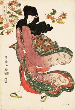 blackcoffeecinnamon:  Utagawa Toyokuni I (1769-1825)　歌川豊国 Beauty under Maple and Ginkgo Leaves,　1811 