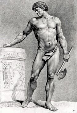 Gladiator with an Axe. Jean Jacques Francois Le Barbier. French 1738-1826. black chalk on paper.