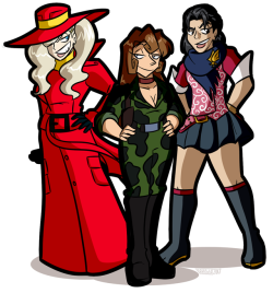 This was commissioned by someone on deviantART known as Slipshodsliver,  and he wanted me to draw Ann Takamaki dressed up like Carmen Sandiego,  Yukiko Kudo dressed up as Fujiko Mine, and Youko Kayabuki dressed up as  Kay Faraday.