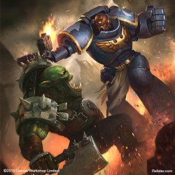 fenrir-chained:  cyberclays:  Warhammer - Space Marine vs. Ork - by rafater (Rafael Teruel Cáceres)“This was my (approved) art test for Games Workshop ^^“  