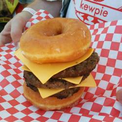 fat-on-purpose:  iamchubbybunny:  Behold. The #KrispyKreme Donut Triple Cheeseburger!!!! Mwuahaha! Just finsihed eating it with Will. It was amazing and delicious.  GO AHEAD AND JUDGE ME, INTERNET!!!  #burger #hamburger #foodie #food #ocfair #countyfair