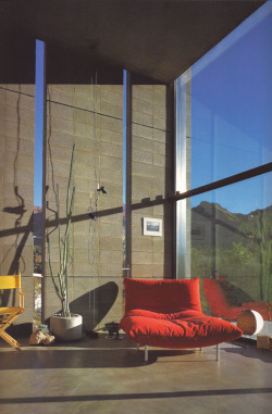 80sdeco:  slouchy red chair, cactus, yellow canvas director’s chair, paper lantern, blue skies over mountainszonkoutWendell E Burnette, Studio Residence, Sunnyslope Arizona, 1988.
