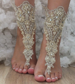wedding-home:  OOAK Champagne gold lace Barefoot Sandals, wedding shoes, Foot jewelry, Wedding, beach wedding barefoot sandals, lace shoes hand-embroidered  