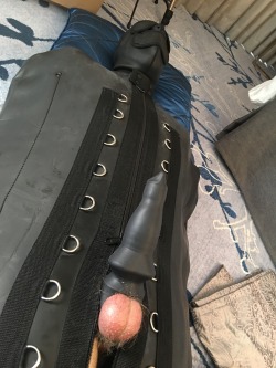 Pup had a great time in the sleepsack&hellip; Love having him helpless&hellip; Just one zip at the back and his ass was mine.