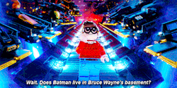 simeonlewis:  LEGO Batman - Official Comic Con Trailer [Caption: Three stacked gifs of LEGO Batman, Robin asks, “Wait. Does Batman live in Bruce Wayne’s basement.” Bruce leans forward and crosses his arms. “No! Bruce Wayne lives in Batman’s
