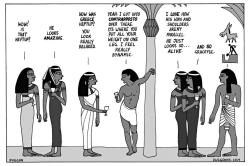 explainingthejoke:  prplzorua:  aceofstars: I HAVE BEEN LAUGHING AT THIS FOR LIKE 10 MINUTES STRAIGHT OH MY GODD  @explainingthejoke um halp?  The image above is a comic panel set in ancient Egypt.  Traditionally, ancient Egyptian art featured stylized