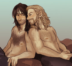 tehluv:  My part of an art trade with the lovely kiwiitin ! Kili and Fili resting and cuddling after spotting/hunting (…right?). Sorry it’s late. =(((I can’t take all the credit for this as reiru helped me out a lot to finish this drawing up (reiru