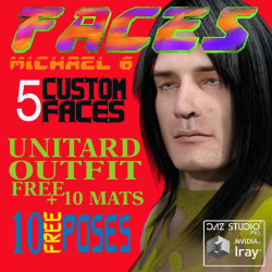 Brand new face expressions are available now by farconville! AND they’re 38% off until 11/9/2015! WHAAT a deal!Faces  for M6 is comprised of 5 custom face morphs without any textures. It  includes a FREE Unitard outfit for dance with 10 FREE special
