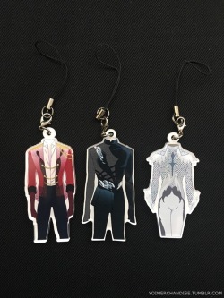 yoimerchandise: YOI x Chara-Ani Skating Costume Acrylic Charms Original Release Date:March 2017 Featured Characters (3 Total):Viktor, Yuuri, Yuri Highlights:Nothing too complex here - just Viktor’s “Stay Close to Me” costume, Yuuri’s “On Love: