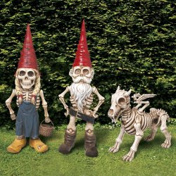 obsessedwithskulls:  Man Woman And Dragon Skel-A-Gnome Garden Statue Set.AVAILABLE HERE –&gt; http://amzn.to/1CDjAsC