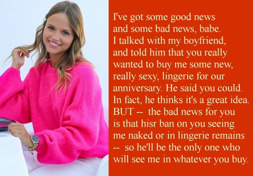 emotionally-cuckolded:  You’re very grateful to your wife’s boyfriend for letting you buy her something sexy for your anniversary – even if he is the only one who will be able to see how sexy she actually looks in the lingerie that you buy for her.