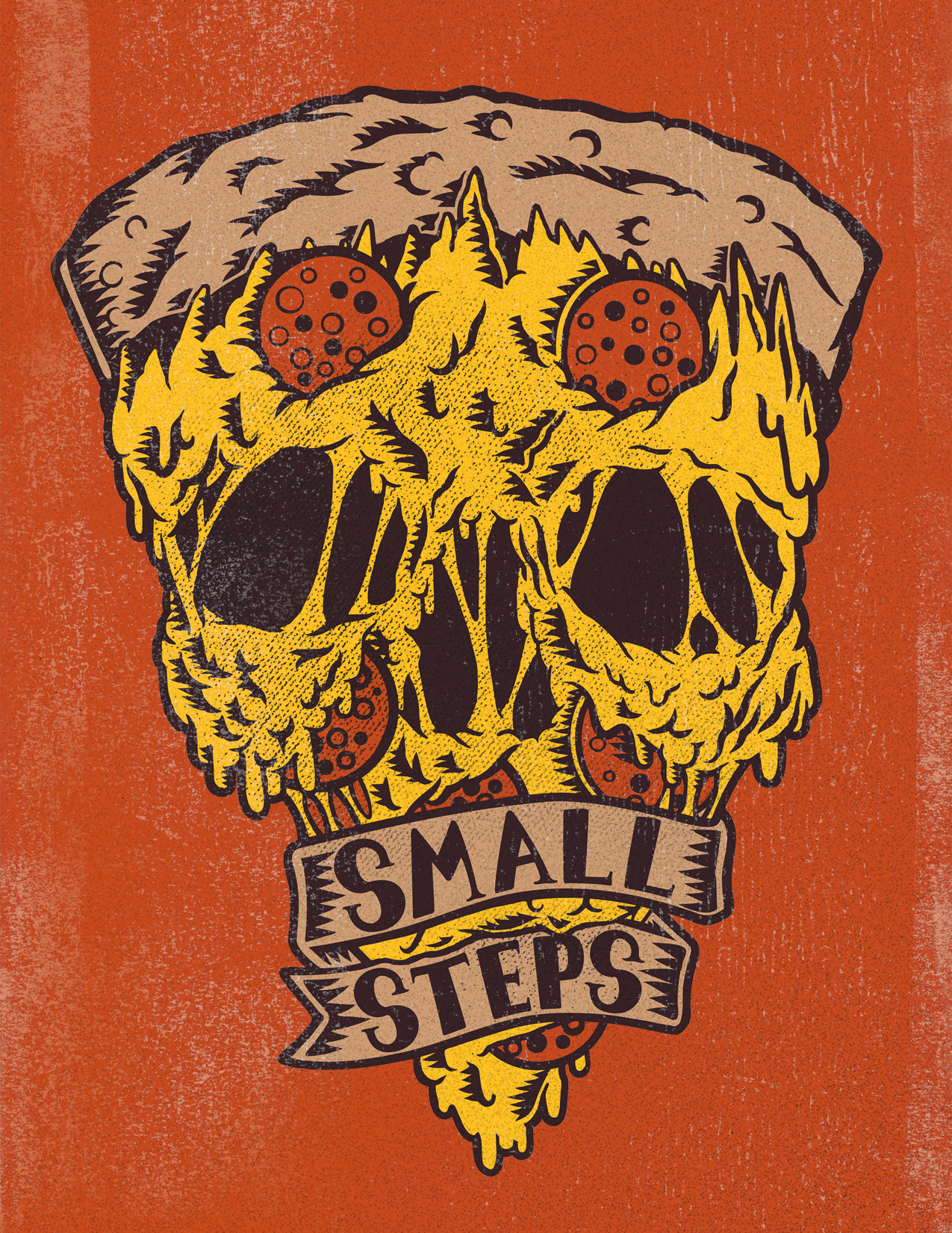 Behold, the Pizza Skull. This is an illustration for Athens, OH hardcore band, Small Steps. Stickers and patches are in the works. If you like what you see check out my blog: http://redntoothnclaw.tumblr.com/ Follow the band here: http://smallstepsband.tumblr.com/
