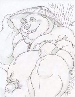 burlydudebulge:  My well-known love of bears, pandas, and huskiness forced me to make this. An older drawing of some Pandaren fella enjoying his brew.