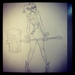 shawncrystal:  #inkpulpdoodleoftheday another #inkpulprepresent Kickstarter commission AND another slice of #cheesecake during peach season #harleyquinn #dccomics . I’m not a fan of the new design. Bruce Timm nailed it from the jump. 