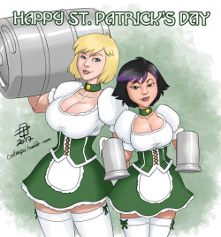 callmepo:  Beerhall waitresses Peeg and Gogo. A little practice of a new technique and there are still a lot of bugs to shake out of my new coloring process. …also technically not late. We had the annual St. Patrick’s Day parade today in downtown
