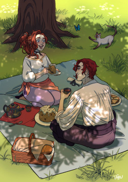 talldarkandrowdy:  gingerbreadrocker:My full piece for @thechariotzine featuring Portia and Julian spending some time together :D (this art’s got me out here crying like a damn fool. there are genuine tears in my eyes. this touches something inside