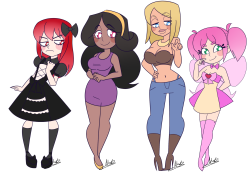 telltale-sheriff:  Experimenting with a more cartoony style so I drew my fav babes from Huniepop and Huniecam! @huniepot Took some liberty with their design and messed with their outfits a little &lt;3 