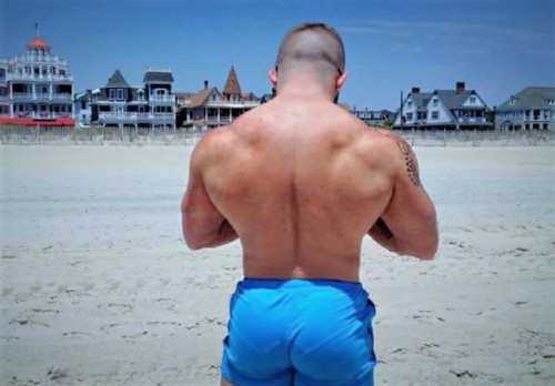 max14me:        blue boy buzz cut beach boy on fine Atlantic sand beach with bubble butt