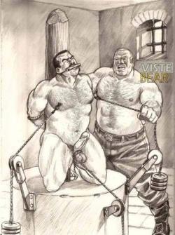 maturemenintrouble:  More drawings from Viste Bear. I specially like the first one, where the stocky prisioner is on his knees tied up to a pole and tortured with weights attached to his cock and nipples. It’s an endurance punishment, though the torturer