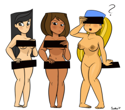superionnsfw:A request I saw the /aco/ thread that looked interesting and fun to do. It’s the total drama girls (Heather,Courtney, and Lindsay) holding censor bars based off this image from Les Nombrils/The Bellybuttons.  Mhnnngh!!!!