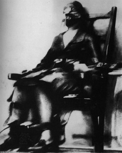 twicetoldtales:  1928: Photograph of Ruth Brown Snyder on the electric chair. The final moments of her execution were caught on film with the aid of a miniature plate camera custom-strapped to the ankle of Tom Howard, a Chicago Tribune photographer.