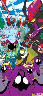 This is another commissioned pic for this dude, and he wanted me to draw K'og Maw and Cho&rsquo; Gath chasing a bunch of minions while holding forks and knives.
