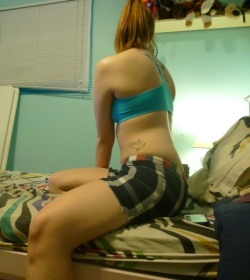 Hi Matty, so this is a relatively PG photo, as you know, but this is normally what I like to wear to sleep; a sports bra and my boyfriend’s boxers. I also have a tendency to stretch before I sleep, as it is quite relaxing, and I stretch a lot when I