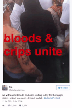 micdotcom:  Bloods and Crips stood together in solidarity during the Atlanta #BlackLivesMatter protestsIncredible images from Friday night’s Black Lives Matter protest in Atlanta show members of the Crips and the Bloods — rival gangs with a history