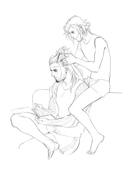 kaciart:    Gladio was either going to murder someone or cut his hair off with his broadsword as now that it had got longer it took every opportunity to blow in his face, get in his mouth, obscure his vision.Something needed to be done before he exploded