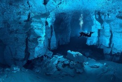 Cave diving extraordinaire (Orda Cave, near Orda village in Perm region, Ural, is the biggest underwater gypsum crystal cave in the world, with galleries that are up to five kilometers long)