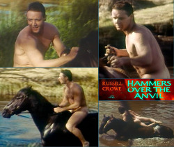 Actor Russell Crowe naked on a horse