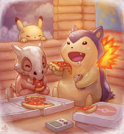 ry-spirit:  Cubone enjoying a nice pizza meal with Typhlosion while Peekachu watches. Drawn by Ry-Spirit 