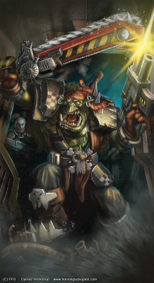 sabretoothedcritter:  I don’t know why, but I laughed when I saw the little head beneath the ork’s right arm. Warhammer 40K, Ork stormtrooper, by *henning 