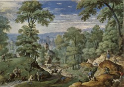 Hans Bol (Malines 1534 - Amsterdam 1593); Landschap met Jachttaferelen (landscape with hunting scenes), c. 1585; gouache on parchment pasted on oak panel, 18,5 x 13,7 cm; Royal Museum of Fine Arts of Belgium, Brussels