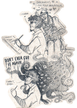 caitercates:  Please forgive how grainy this is I had to scan it out of my sketchbook wehh Anyway - here’s a cute Cecilos thing I did in class today. Semester’s almost over, the fanart will soon resume! 