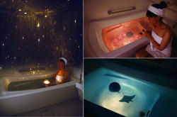 boundbyleatherandink:  hensa:  takethedamncash:  Homestar Spa is a planetarium for your bath that not only paints the room with stars, but includes Rose Bath and Deep Ocean graphic domes for changing to a different mood. The waterproof planetarium floats