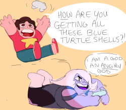 alizabug:    steven wants to drive slowly and reasonably around the mario kart tracks so he can admire the scenery but amethyst will not allow it  