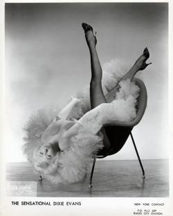 darkfetishscorpio:  Burlesque Queens 50s   Dixie Evans         (aka. Mary Lee Evans) In fact, this is a late-period promo photo dated from after 1962.. She stopped billing herself as “The Marilyn Monroe of Burlesque” shortly after Marilyn’s