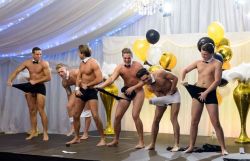 famousjohnsons:  The Only Way is Essex reality tv show castmembers Elliott, Wright, Tommy Mallet, James Lock, Lewis Bloor, Tom Pearce &amp; James Bennewith perform a full monty strip routine under the tutelage of their castmate Dan Osborne who has been
