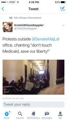 mysticben:  Disabled and chronically ill Americans protesting the repeal of the affordable care act today outside senate majority leader Mitch McConnell’s office, June 22nd. The response? Capitol police violently moving them as always. Fuck the police