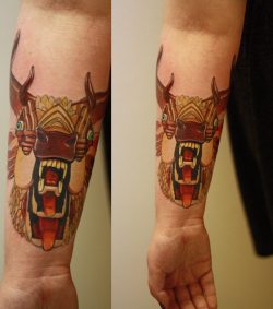 fuckyeahtattoos:  AJ Fosik’s design for Mastodon’s album “The Hunter”.  Done by Jim Gray at Rock N Roll Tattoo, Glasgow.There was no special reason behind this tattoo.  I love AJ Fosik’s work and I love Mastodon so it made sense to me to get