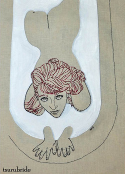 tsurubride:  Milk (based on a photo of Kate Sweeney by Tsurufoto) embroidery &amp; hand painted leather applique on linen 