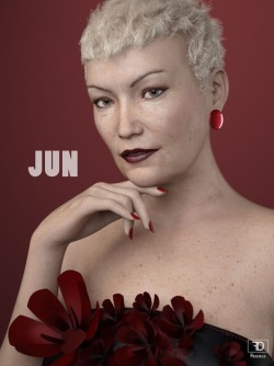  Meet Jun. She&rsquo;s a new mature character, for genesis 3 female, well-aged and full of surprises. She will fit into any role you can think of, from a medieval fantasy  queen to a high fashion glamour lady. The limit is your imagination.  Compatible